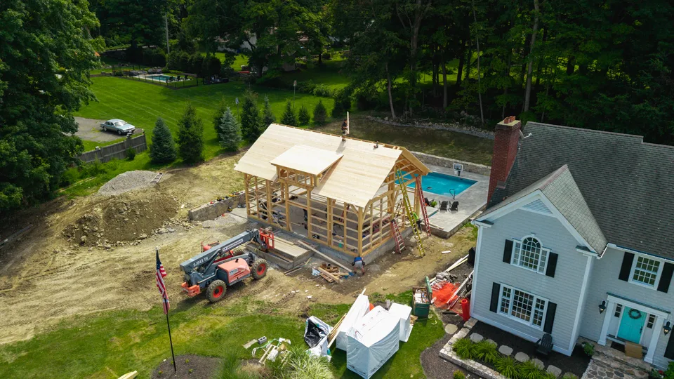 Aerial — pool house under frame beside the house — Exterior Services LLC, Bethel, CT