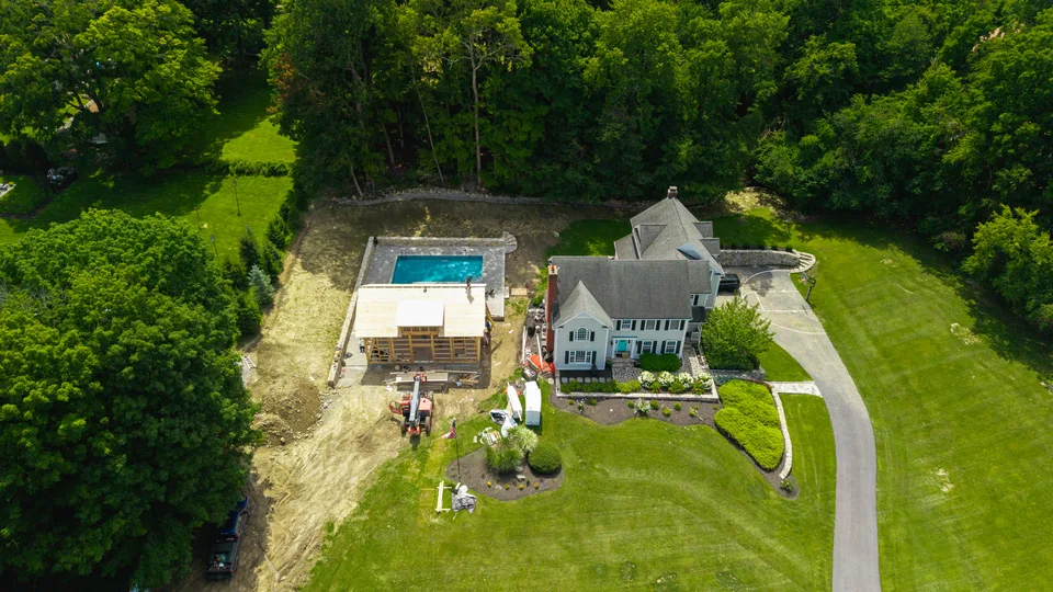 Aerial — the whole property mid-build — Exterior Services LLC, Bethel, CT