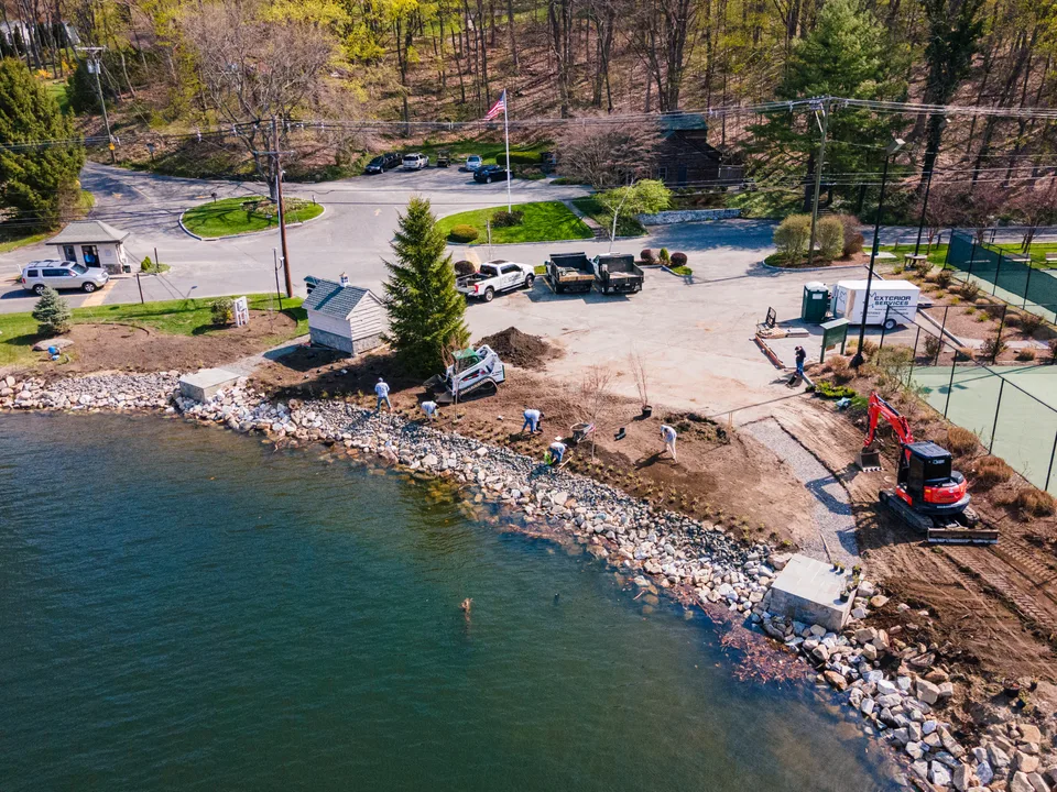 Aerial — shoreline mid-restoration — Exterior Services LLC