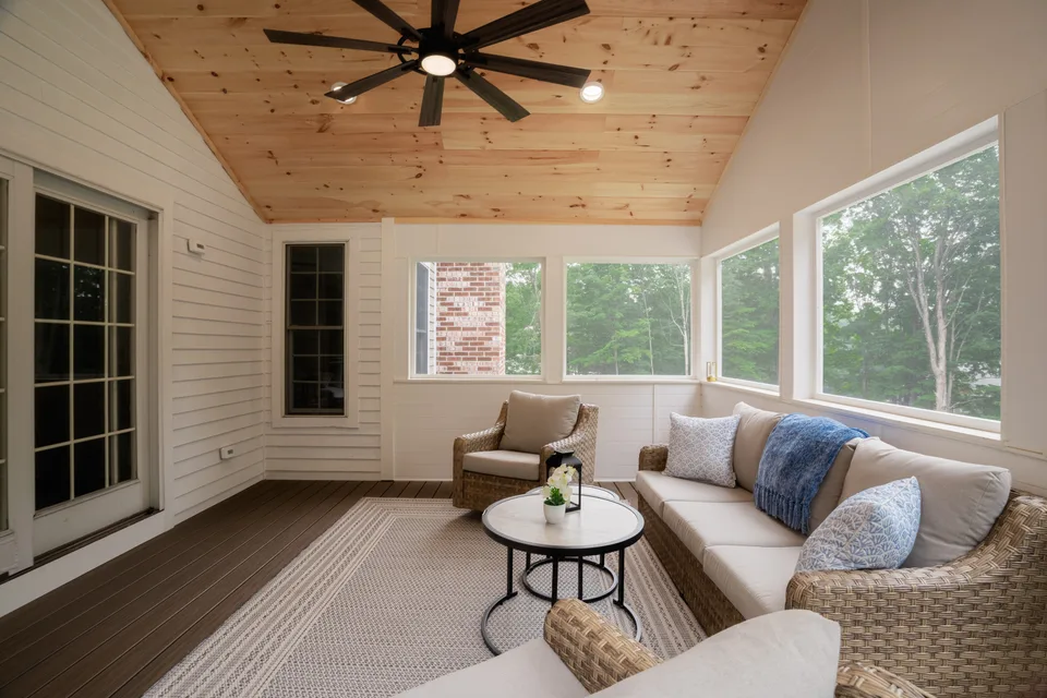 Screened porch corner, pine ceiling and brick chimney — Exterior Services LLC, Ridgefield, CT