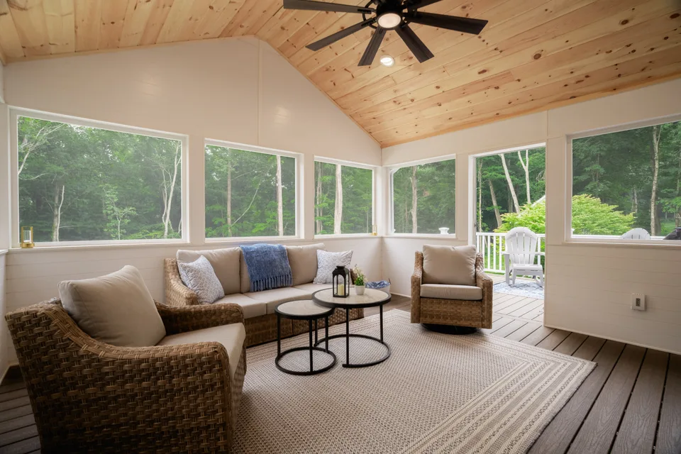 Screened porch interior with cathedral pine ceiling — Exterior Services LLC, Ridgefield, CT