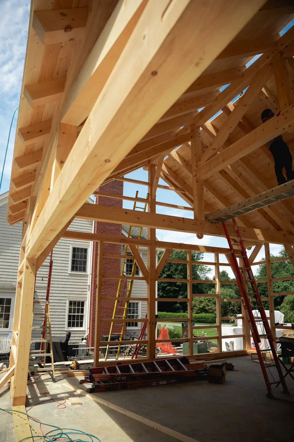 Inside the timber frame — rafters and braces — Exterior Services LLC, Bethel, CT