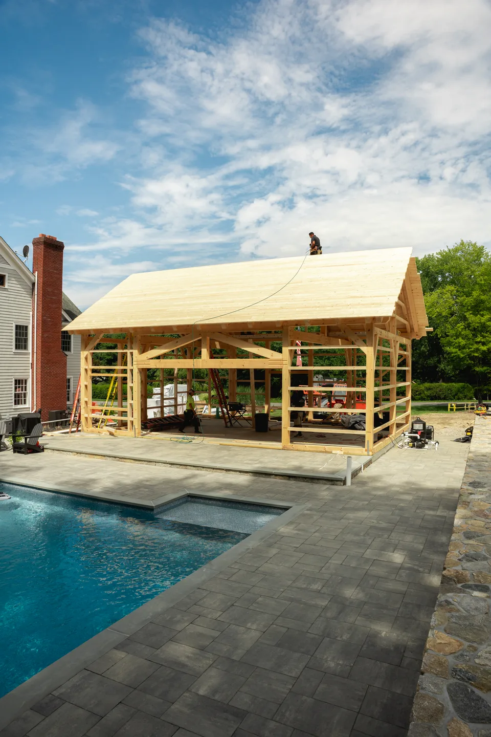 Raising the timber-frame pool house — Exterior Services LLC, Bethel, CT