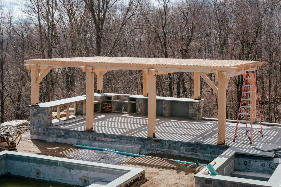 Timber pergola over the pool, wide — Exterior Services LLC, Warren, CT