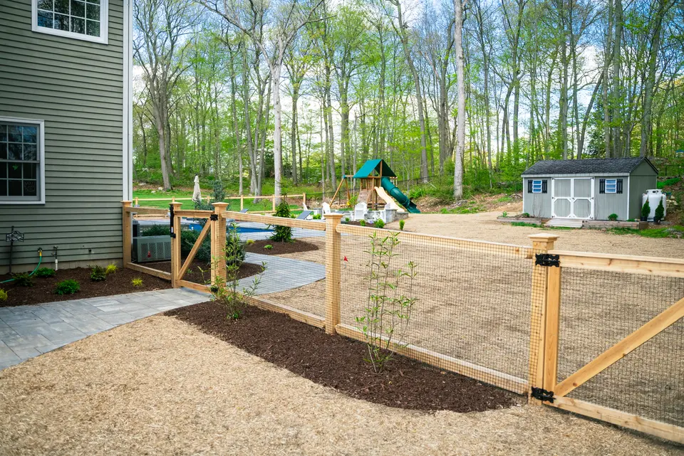 Cedar post-and-rail with wire mesh, and the gate — Exterior Services LLC, Newtown, CT