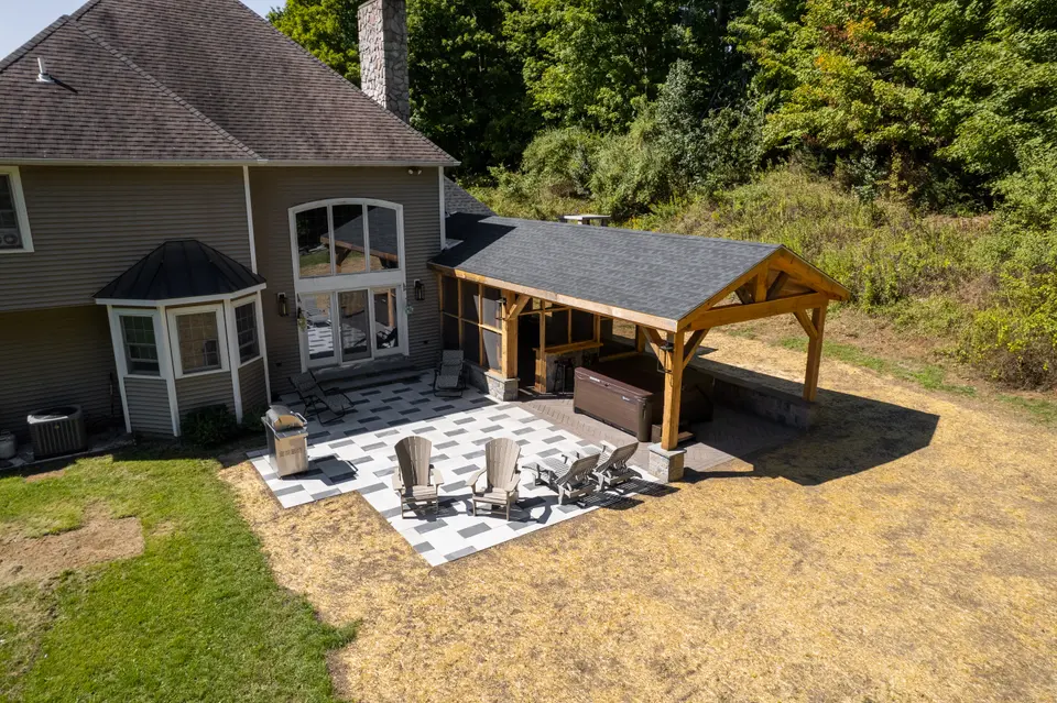 Aerial — checkerboard patio and timber pavilion — Exterior Services LLC, Danbury, CT