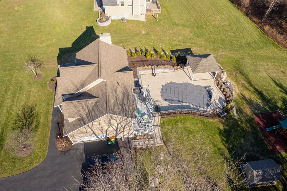 Aerial — house, terraces and block walls at first light — Exterior Services LLC, Stormville, NY