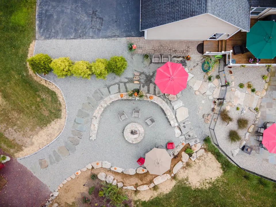 Aerial top-down — patio, fire pit and pool — Exterior Services LLC