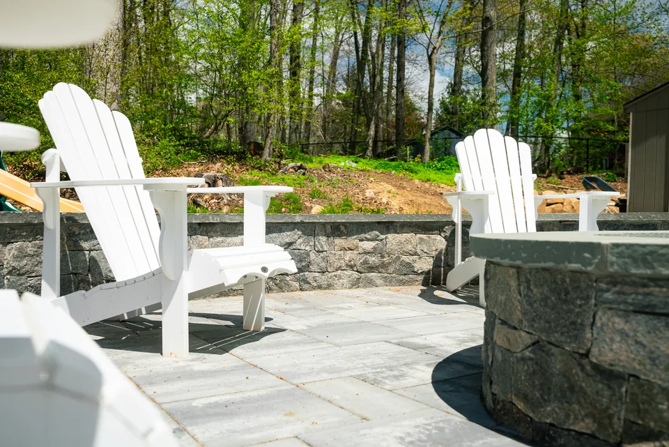 Stone seat wall, fire pit and adirondacks — Exterior Services LLC, Newtown, CT