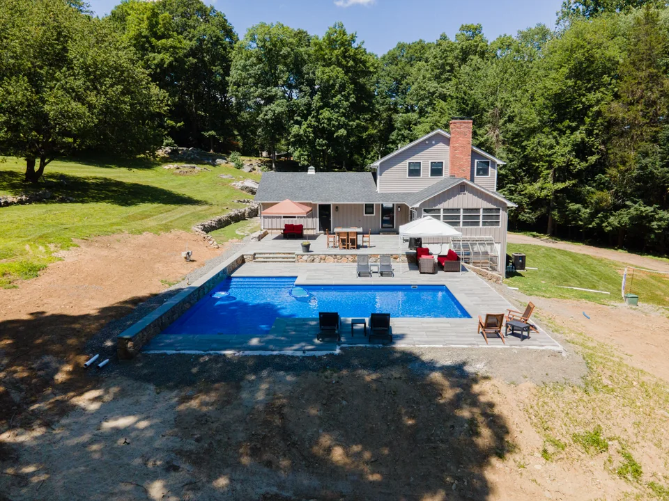 Aerial — pool, patio and house on the hillside — Exterior Services LLC, Danbury, CT