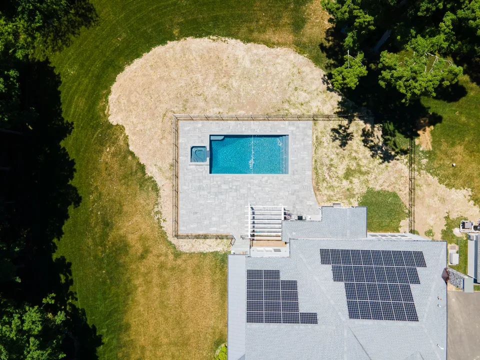 Aerial — pool, spa and bluestone patio — Exterior Services LLC, Wilton, CT