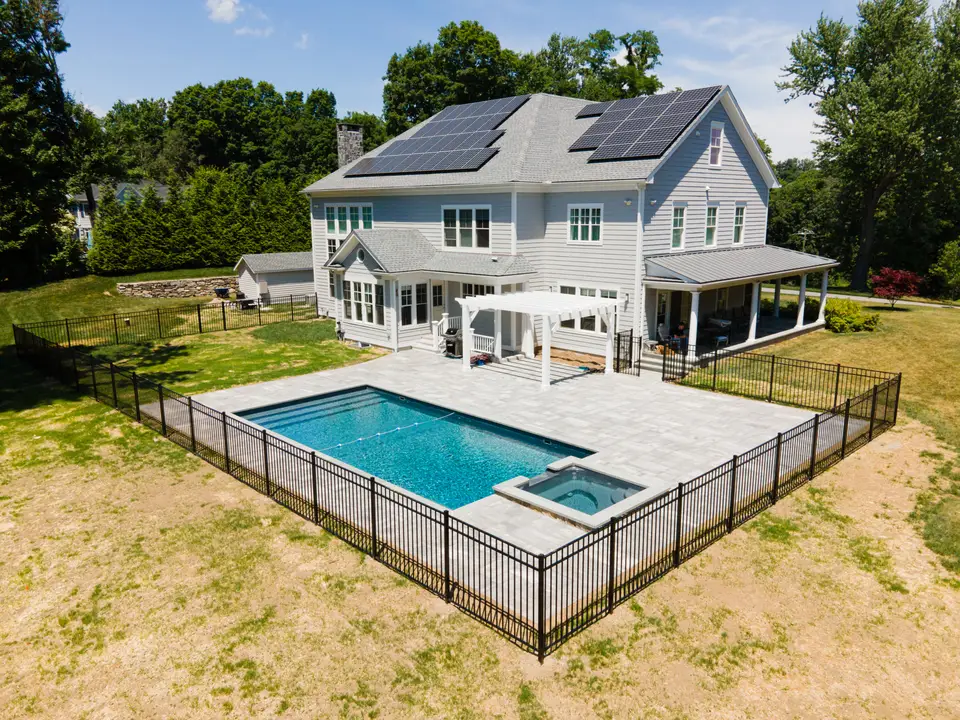 Aerial — rectangular pool, spa and bluestone patio — Exterior Services LLC, Wilton, CT