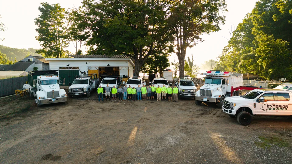 Aerial — the yard, the fleet and the crew at the shop — Exterior Services LLC, New Milford, CT